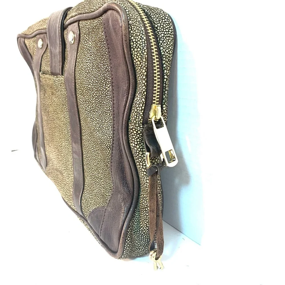 REBECCA MINKOFF Laptop Tablet Business Clutch Case Brown & Metallic Leather